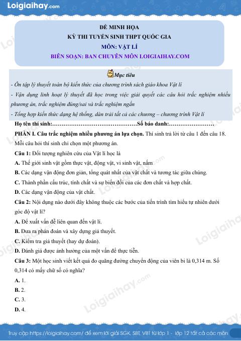 Đề tham khảo thi Vật lí THPT lớp 10 - có lời giải chi tiết